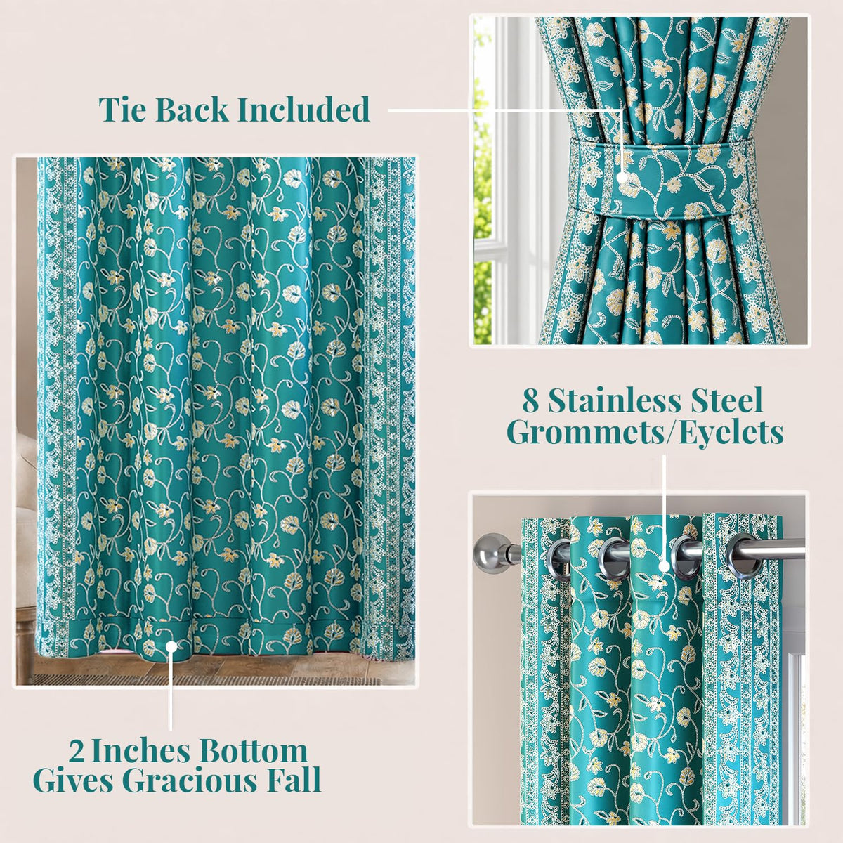 HOKIPO Shahi Bagh Eyelet Curtains, 7 Feet Long - Teal - image 4