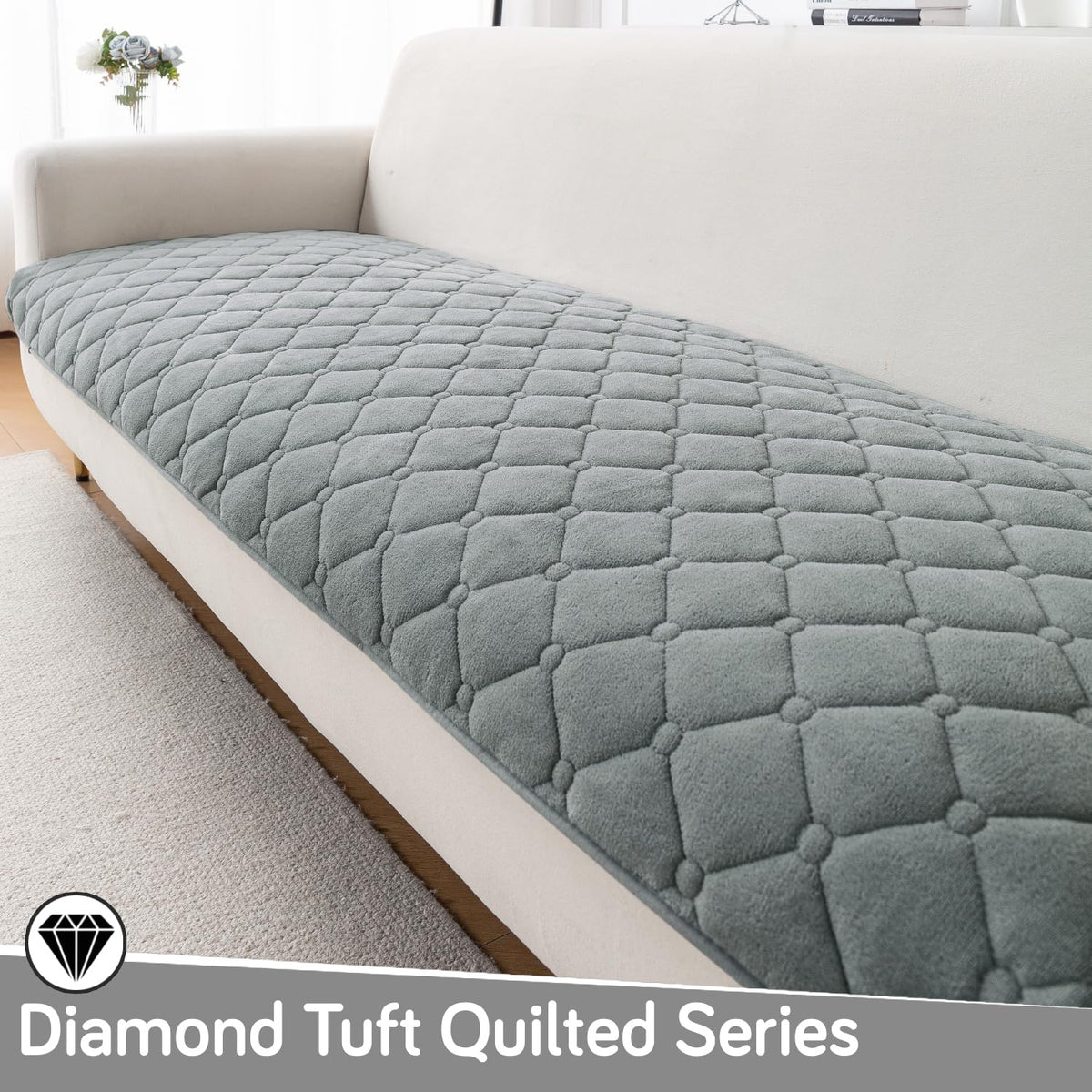 Diamond Tuft Quilted 5-Seater Sofa Mat (3+1+1), Anti-Slip, Stone Grey