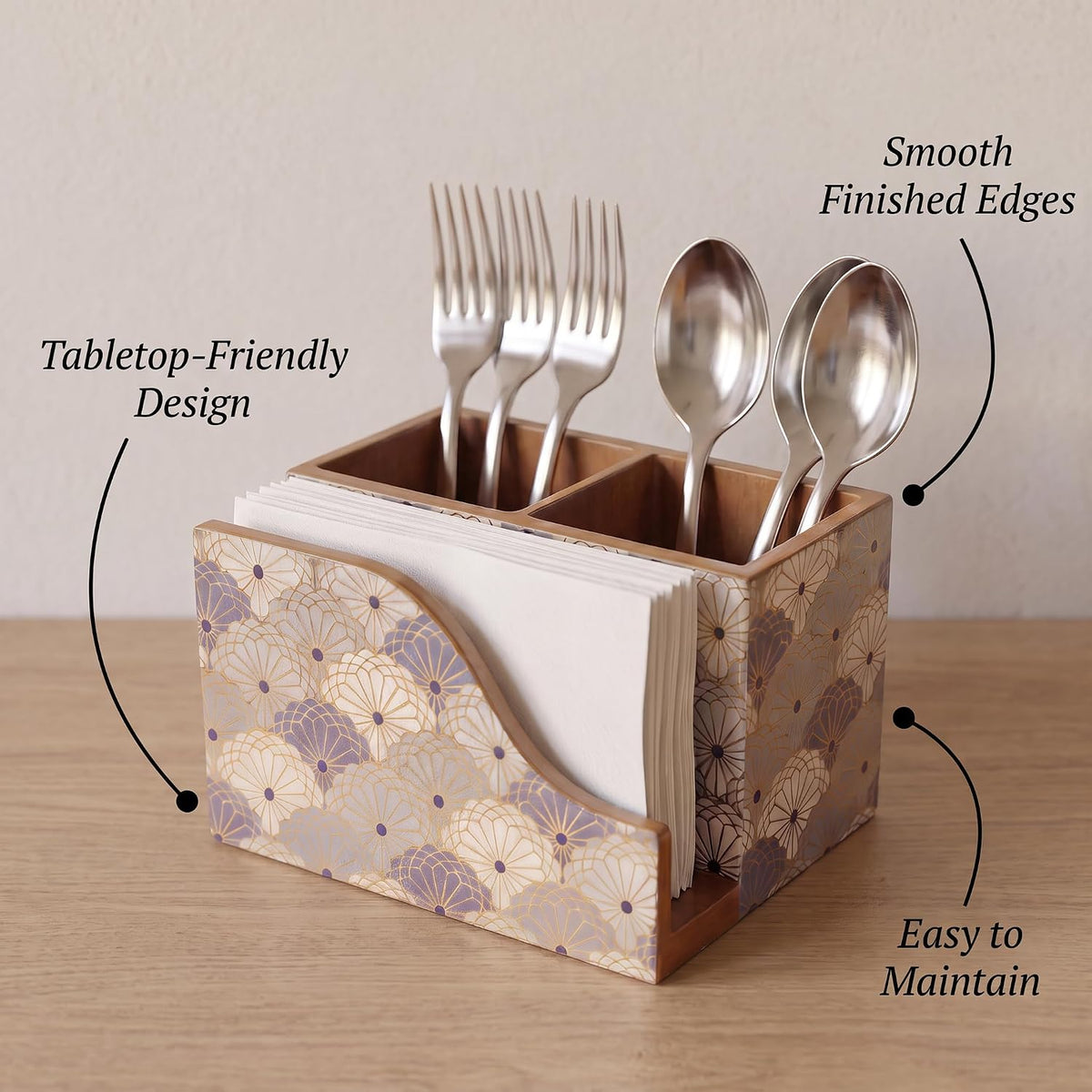 HOKIPO Cutlery Holder with Napkin Stand, Engineered Wood, Indigo Flora - image 3