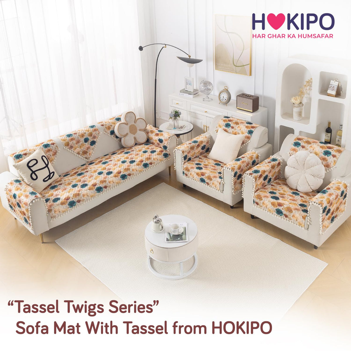 Quilted Sofa Seat Mat for 5-Seater Sofa (3+1+1), Tassel Twigs | Boho Wildflower