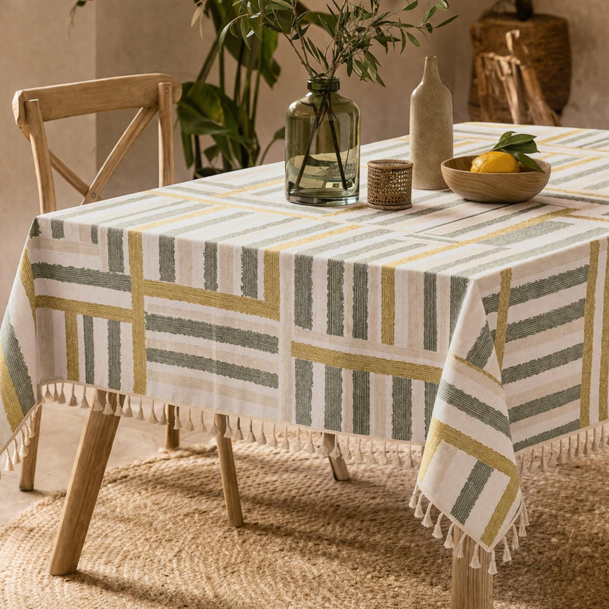 HOKIPO ShieldQuilt Table Cloth with Tassel Edge for 4/6 Seater, Geometric Mustard - image 1