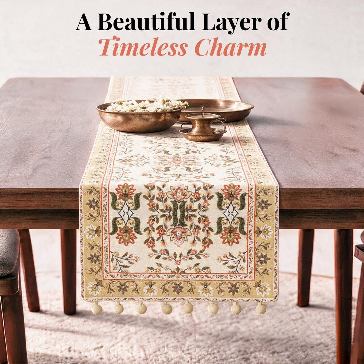 HOKIPO Garden Floral Printed & Embroidered Table Runner, Golden Tan - image 2