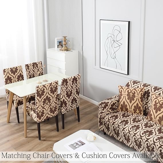 Elastic Stretchable Printed Sofa Cover and Cushion Cover, Beige Damask