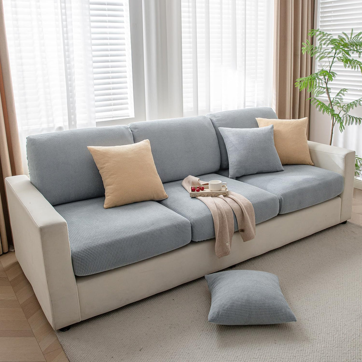 Luxurious Light Grey Colour Grid Jacquard Sofa Pillow Cover