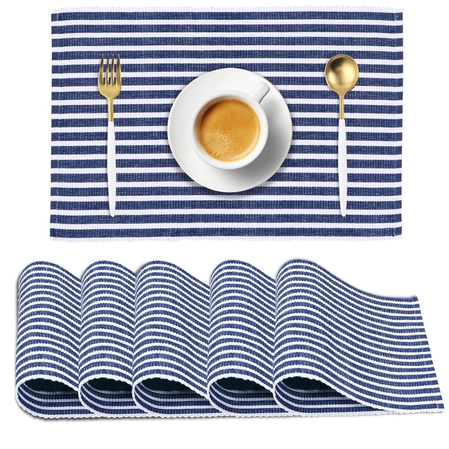 Ribbed Cotton Heat Resistant Dining Table Mat, Blue Striped