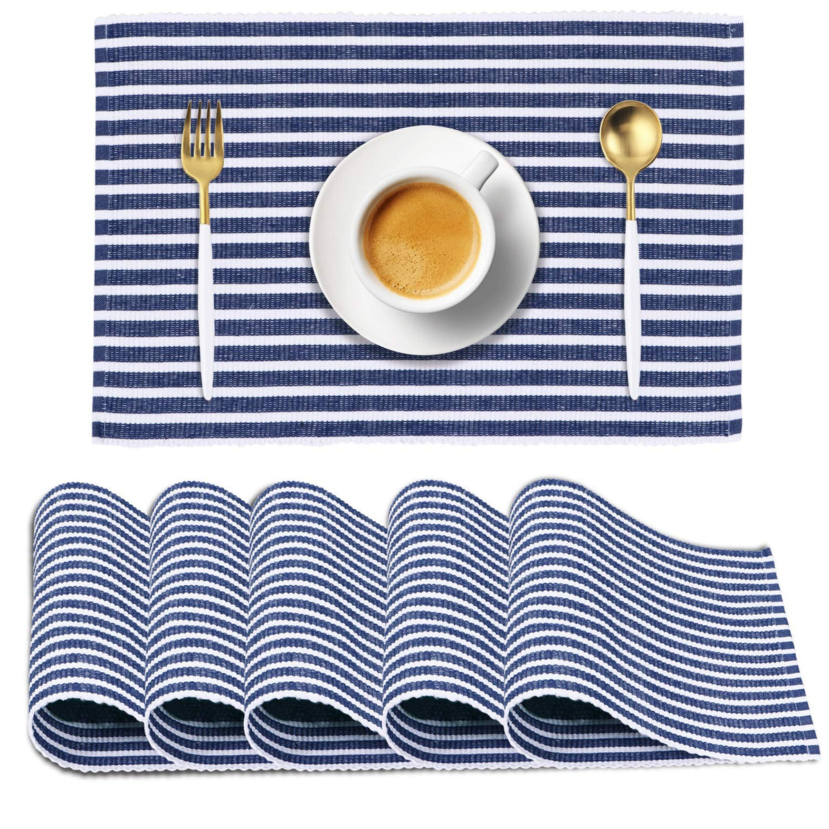 Ribbed Cotton Heat Resistant Dining Table Mat, Blue Striped