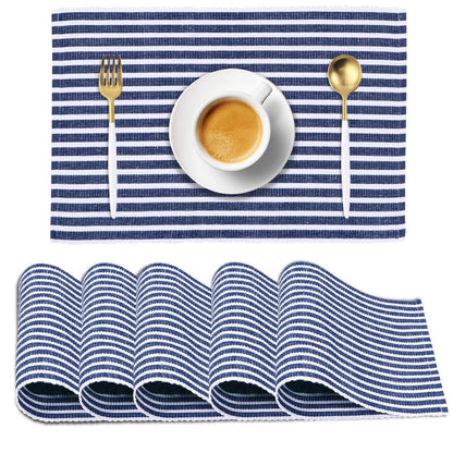 Ribbed Cotton Heat Resistant Dining Table Mat, Blue Striped