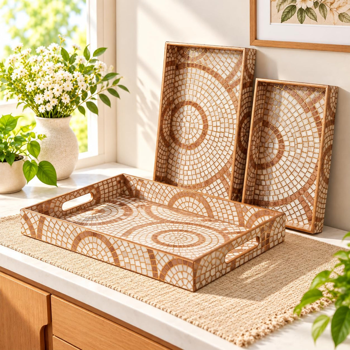 HOKIPO Serving Tray Set of 3, Engineered Wood, Gulabi Mayurvan - image 15