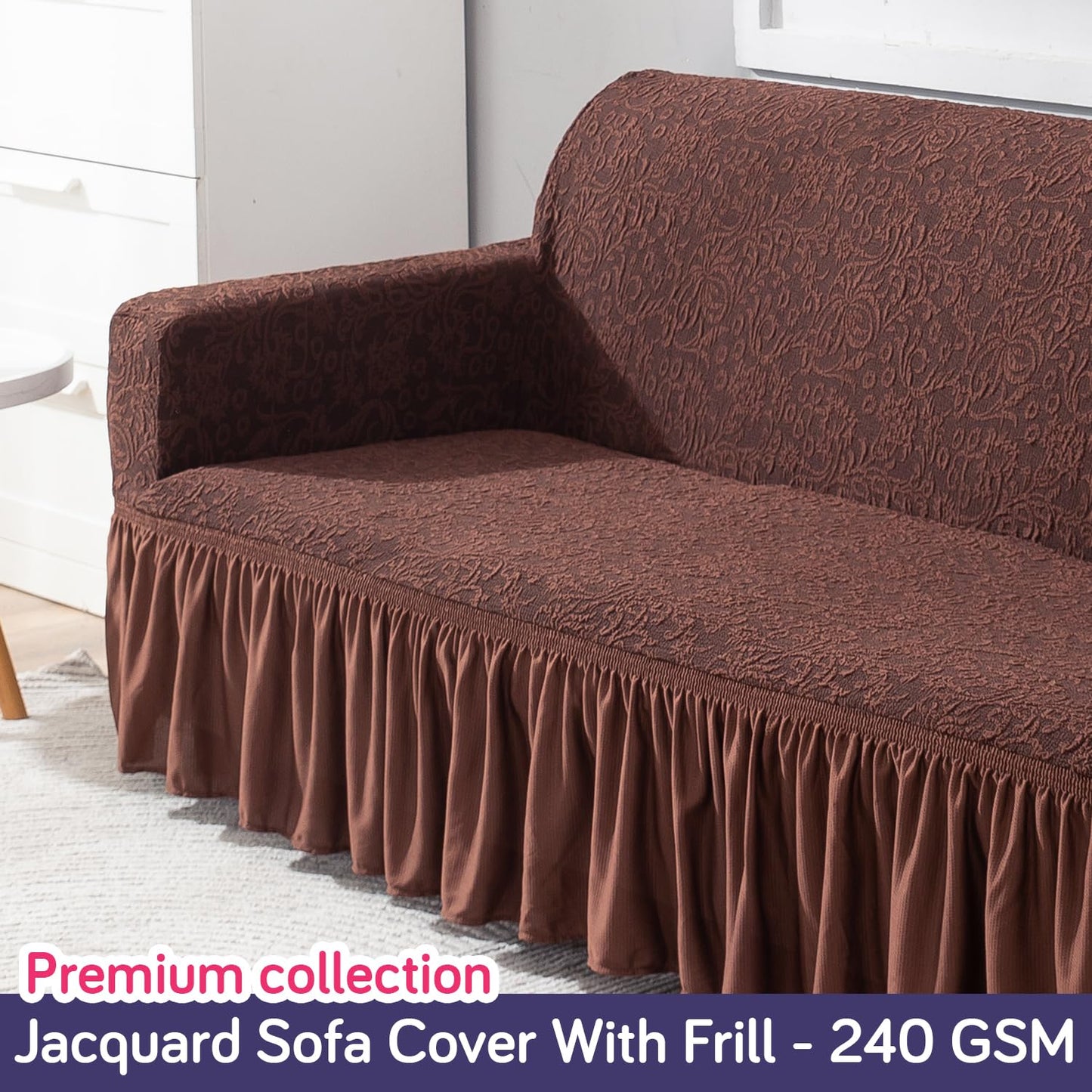 Elastic Stretchable Designer Woven Jacquard Sofa Cover with Frill , Pecan Brown