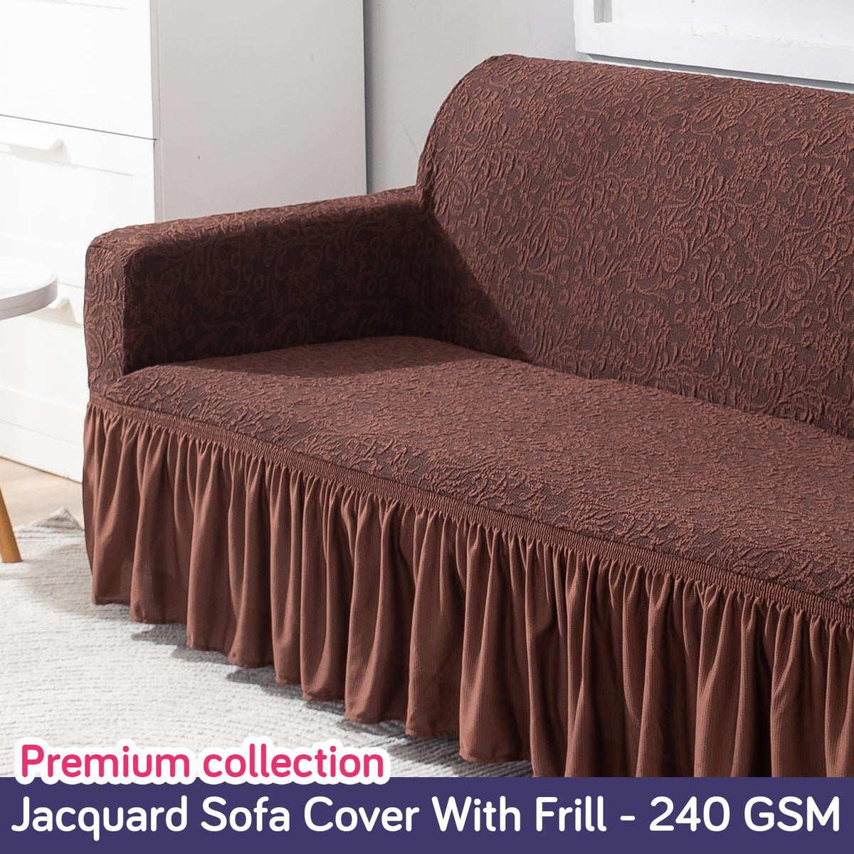 Elastic Stretchable Designer Woven Jacquard Sofa Cover with Frill , Pecan Brown