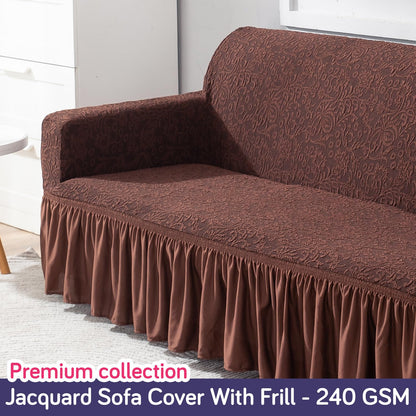 Elastic Stretchable Designer Woven Jacquard Sofa Cover with Frill , Pecan Brown