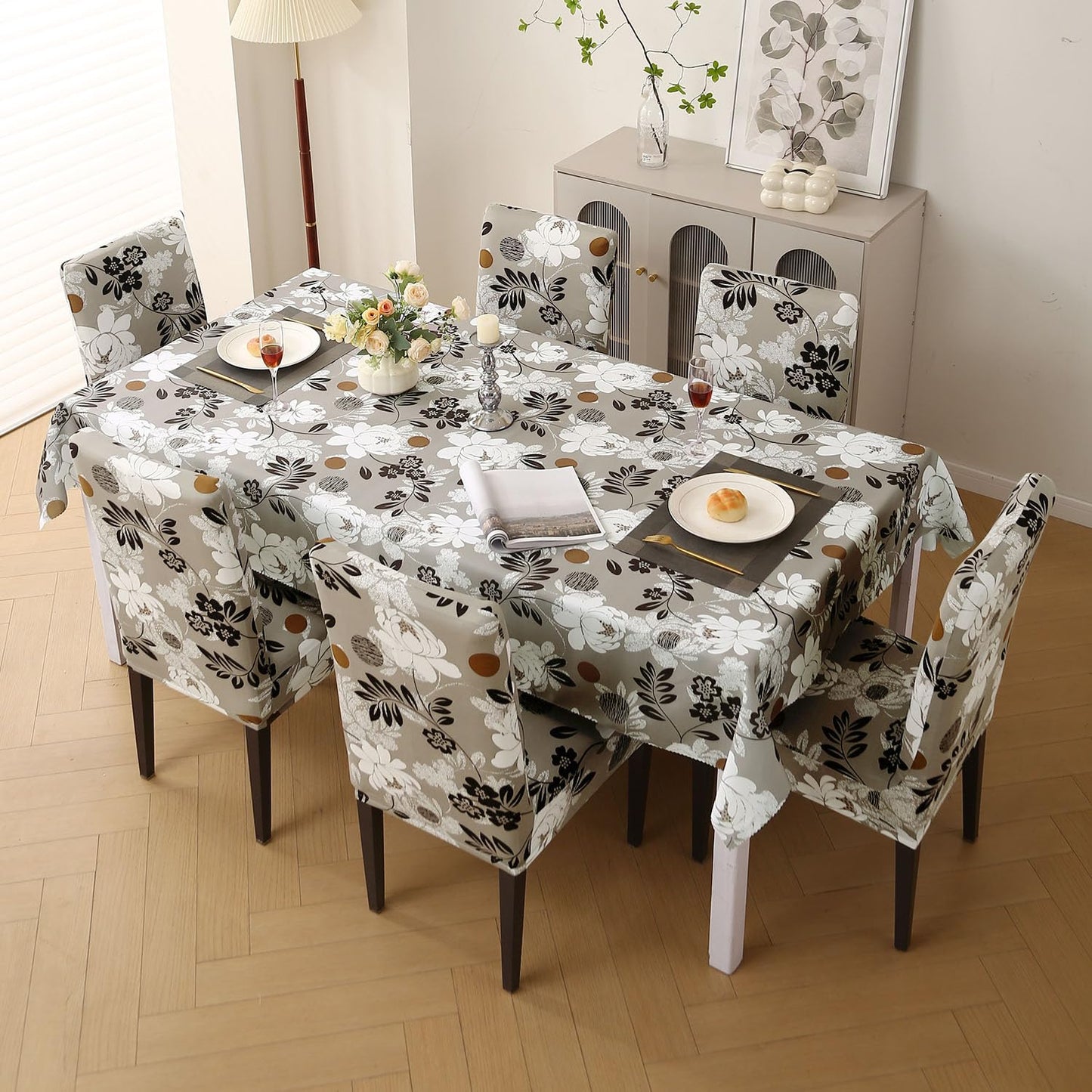 Elastic Dining Chair Covers with Matching Tablecloth, Feather Brown Floral