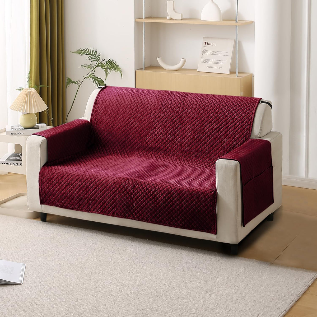 Quilted Velvet Sofa Cover Mat with Side Pockets, Pet Friendly, Sangria Red