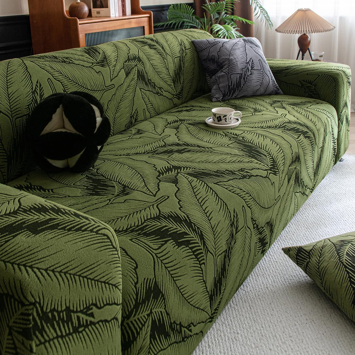 Dual Tone Knitting Jacquard Sofa Cover 1/2/3 Seater Fully Covered - Olive Green