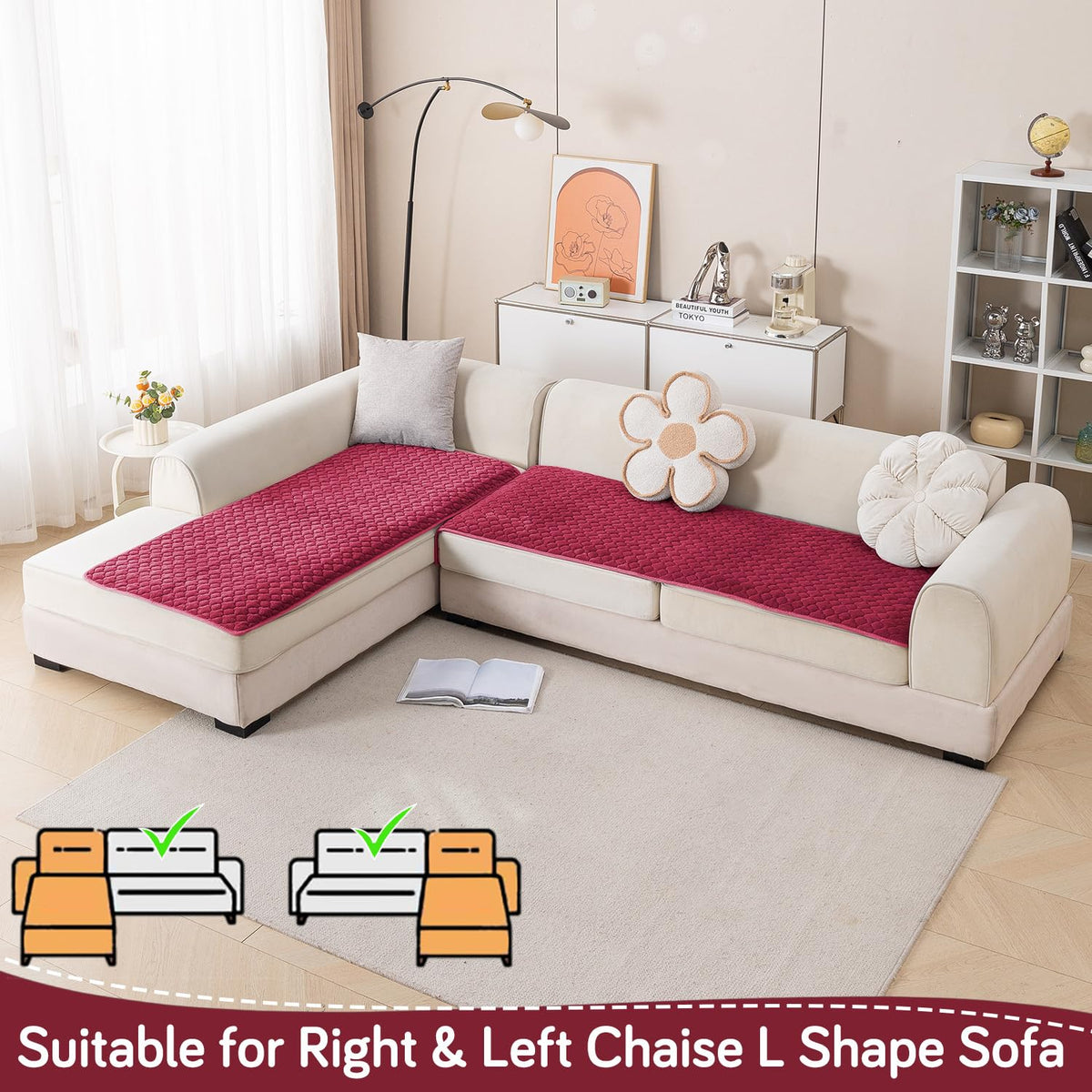 Diamond Plush Premium Quilted L Shape Sofa Cover Seat Mat, Wine