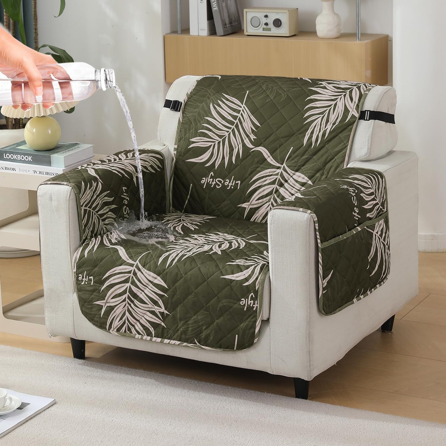 Quilted Waterproof Sofa Cover Mat with Pockets on Armrest Cover - Palm Leaves Olive