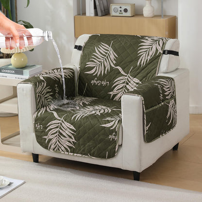 Quilted Waterproof Sofa Cover Mat with Pockets on Armrest Cover - Palm Leaves Olive