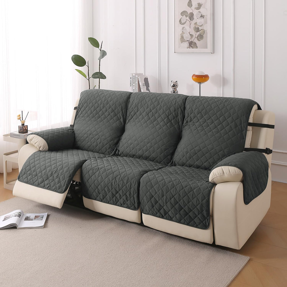 UrbanQuilt Recliner Sofa Slipcover Mat with Dual Belt for 1/2/3 Seater - Anchor Grey