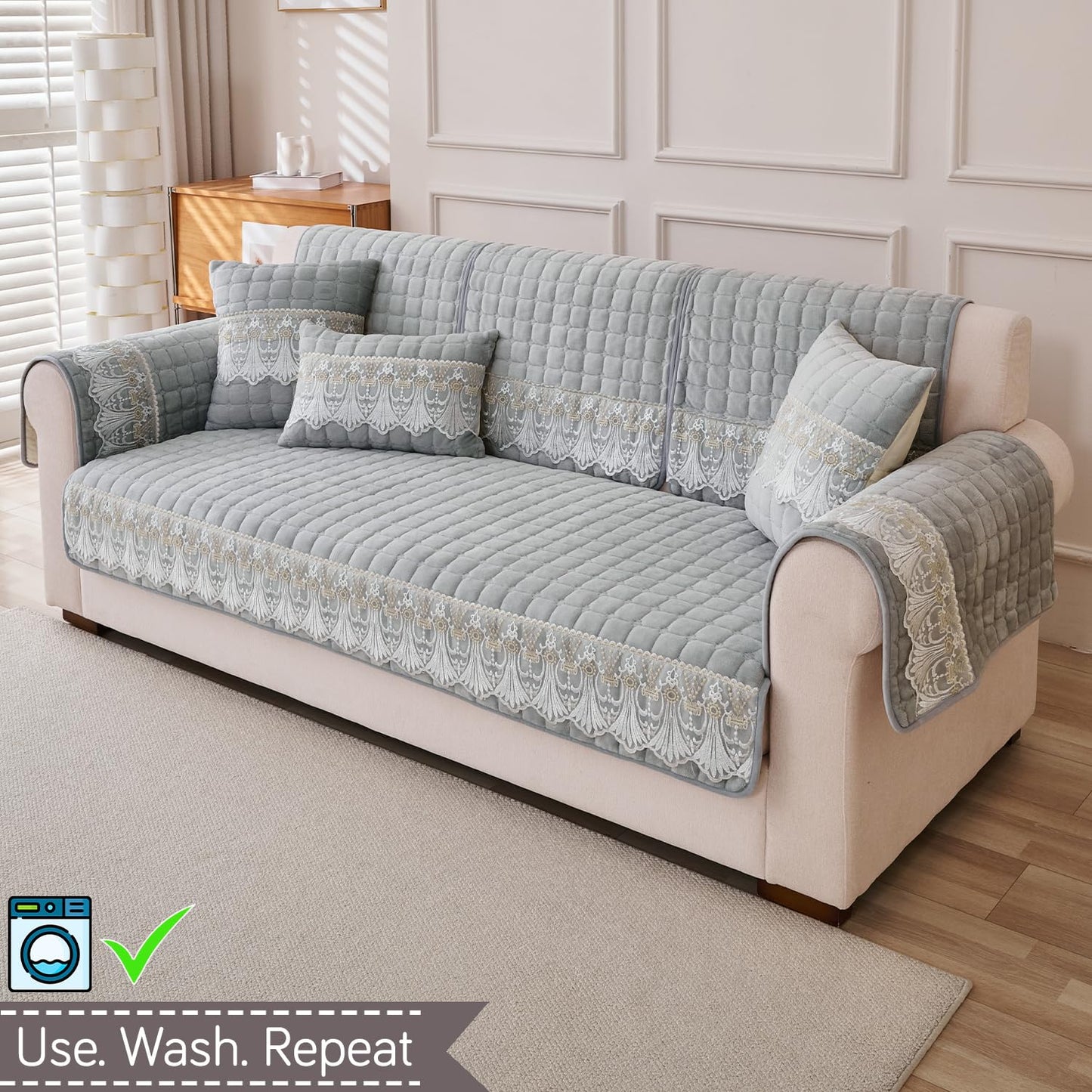 BelleLace Series Imperial Milk Velvet Sofa Cover Mat with Lace Design - Cloud Grey