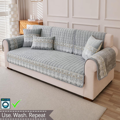 BelleLace Series Imperial Milk Velvet Sofa Cover Mat with Lace Design - Cloud Grey
