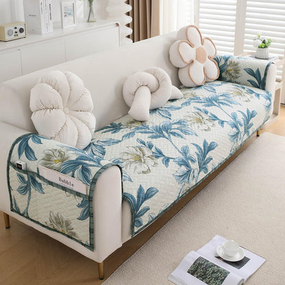 HOKIPO Quilted Sofa Seat Mat for 1/2/3 Seater with 2 Armrest Covers with Pockets, Celadon Blue Camellia