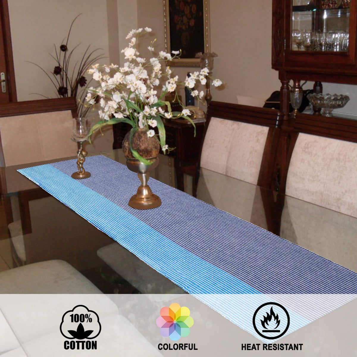 Buy Blue Colour Heat Resistant Eco-friendly Cotton Ribbed Dining Table Runner | HOKIPO