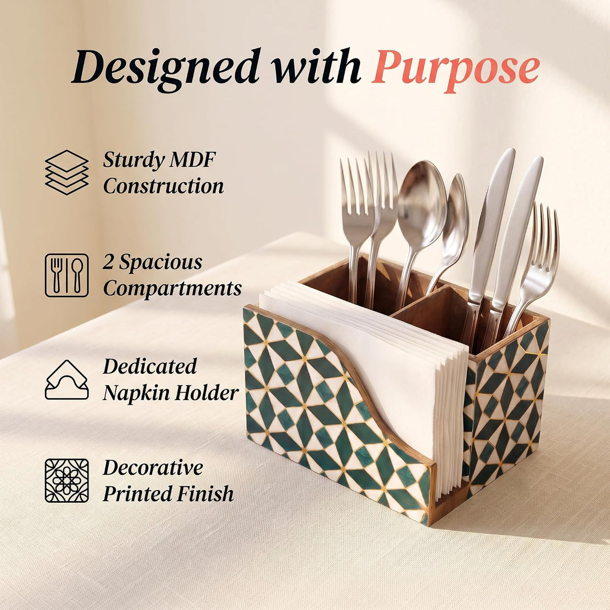 HOKIPO Cutlery Holder with Napkin Stand, Engineered Wood, Moroccan Prism - image 2