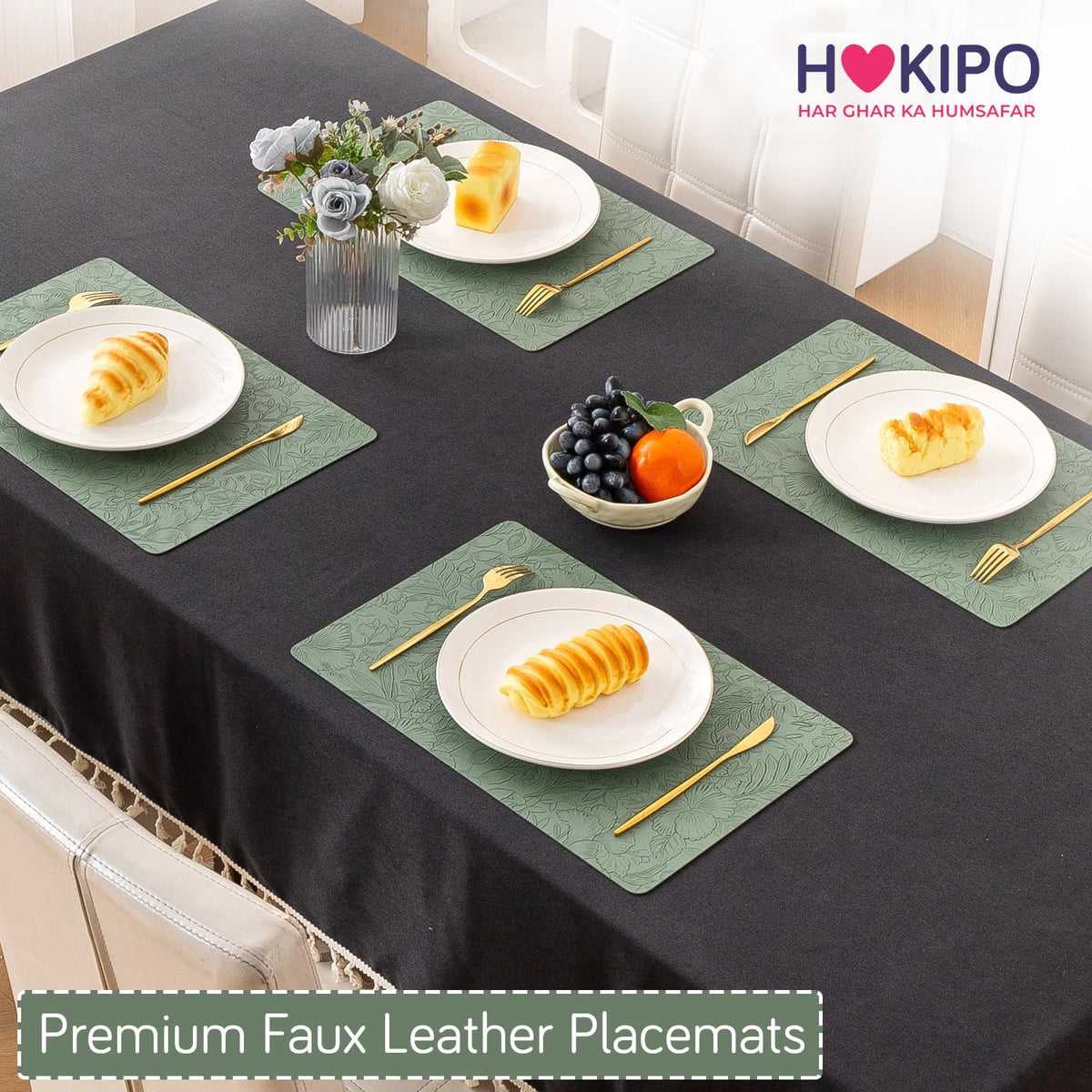 Hibiscus Bloom Washable Leather Mats for Dining Table - Sage Green