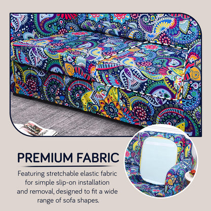 Printed Stretchable Sofa Slipcover with 1/2/3 Pc Separate Seat Cushion Cover for each 1/2/3 Seater, Saphire Boho Carnival