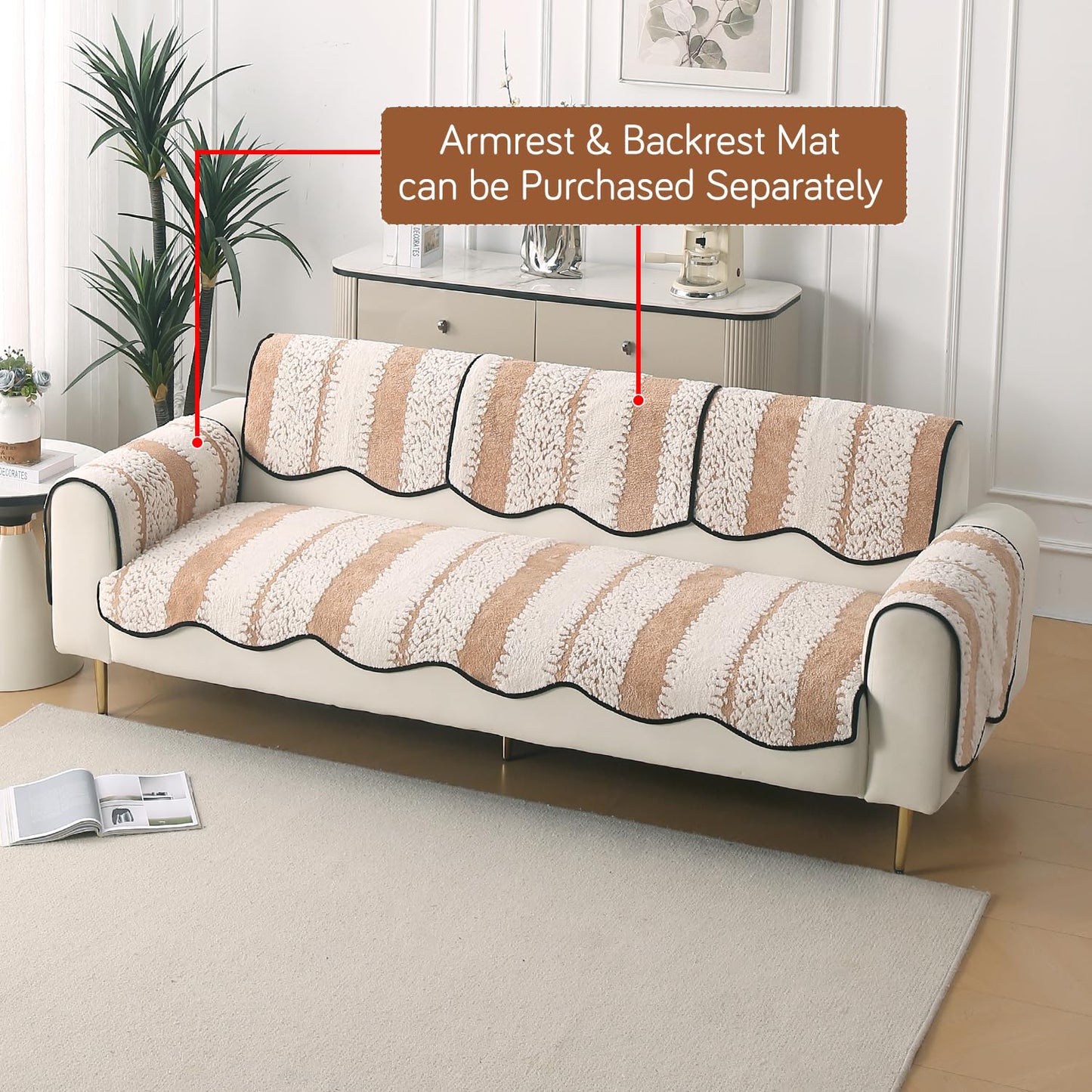 Luxury Wavy Anti Slip Plush Sofa Cover Mat, Desert Brown
