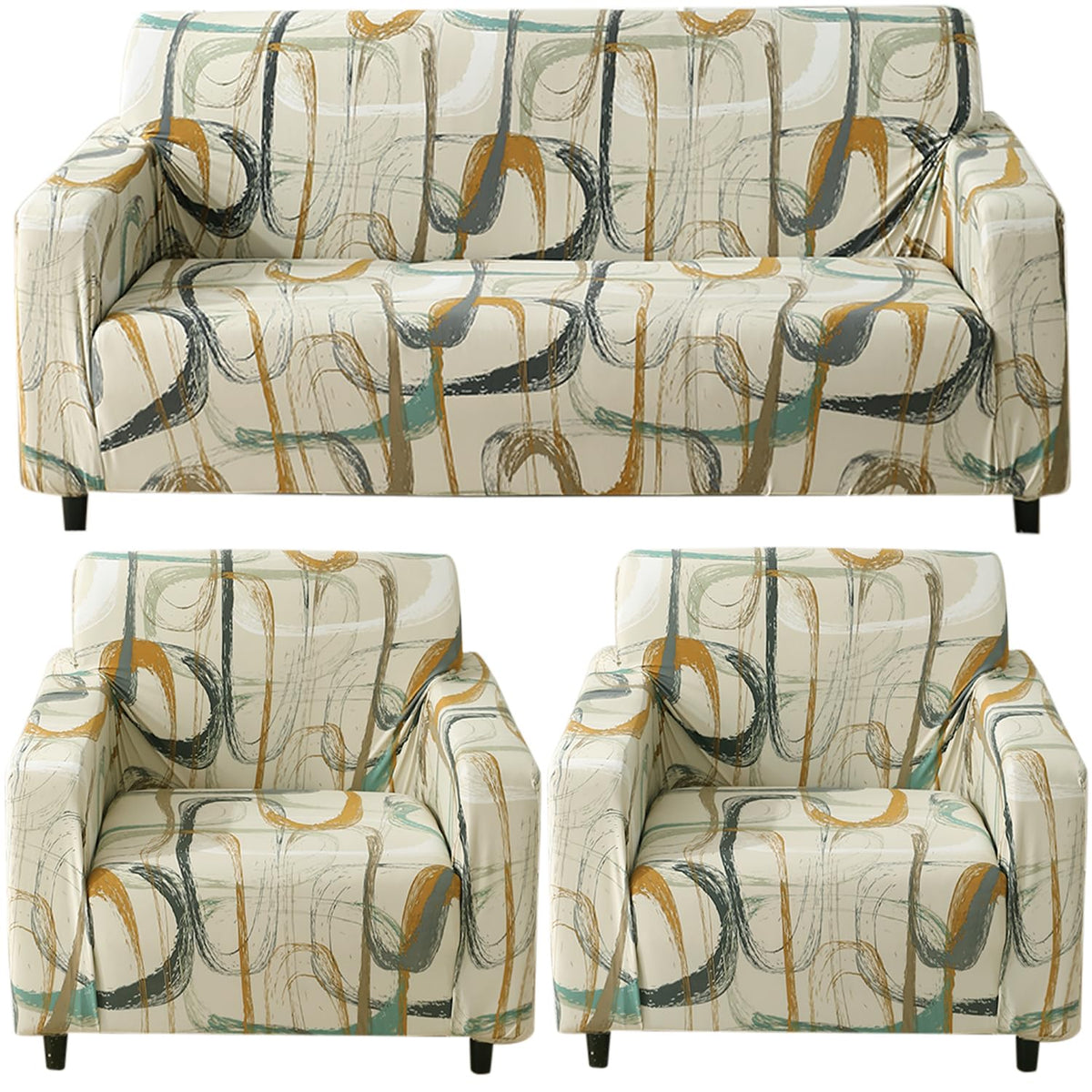 Elastic Stretchable Printed 140gsm Fully Covered Sofa Cover, Parchement Beige Abstract Art