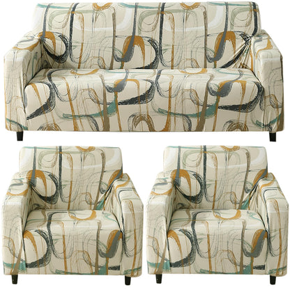 Elastic Stretchable Printed 140gsm Fully Covered Sofa Cover, Parchement Beige Abstract Art