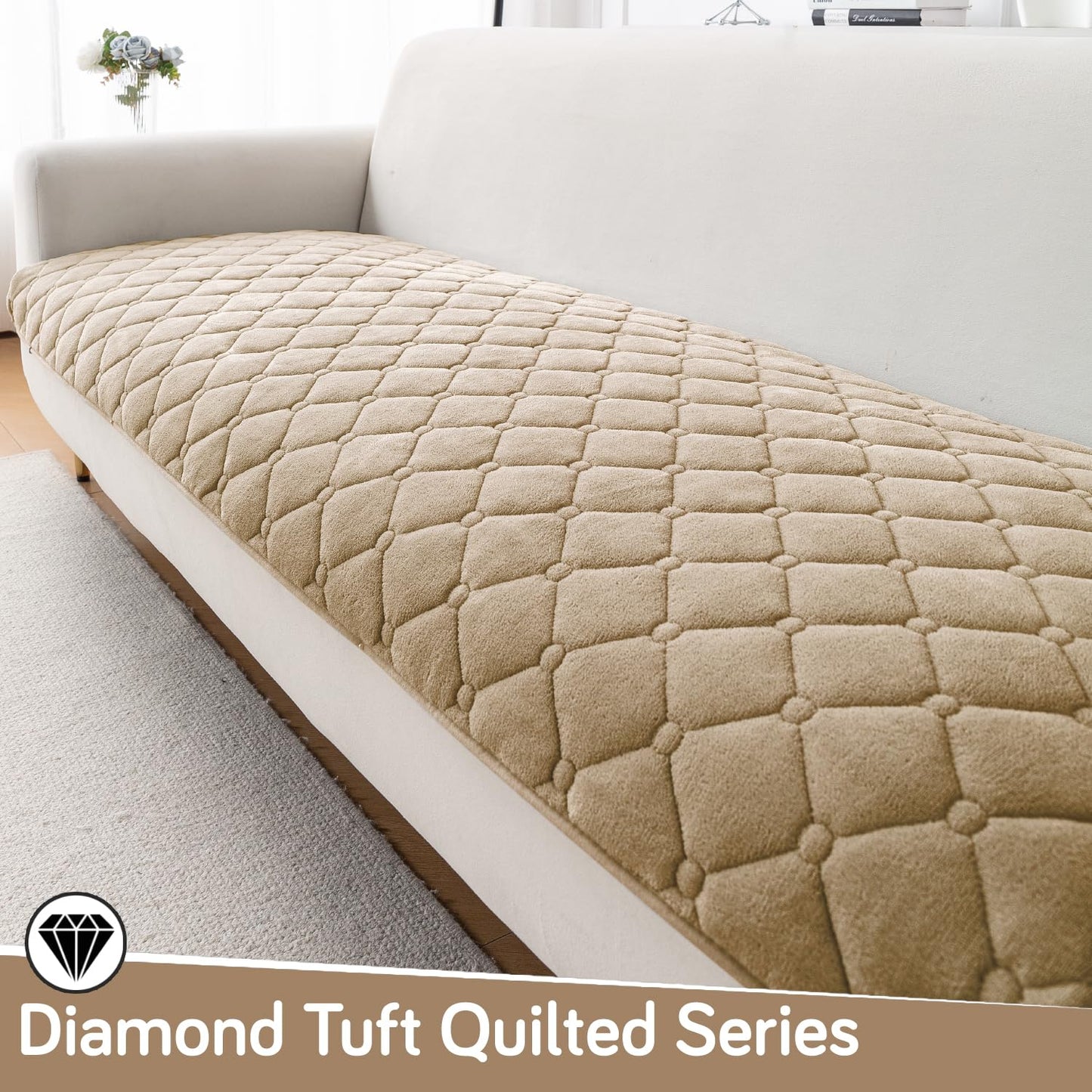 Diamond Tuft Quilted 5-Seater Sofa Mat (3+1+1), Anti-Slip, Sand Beige