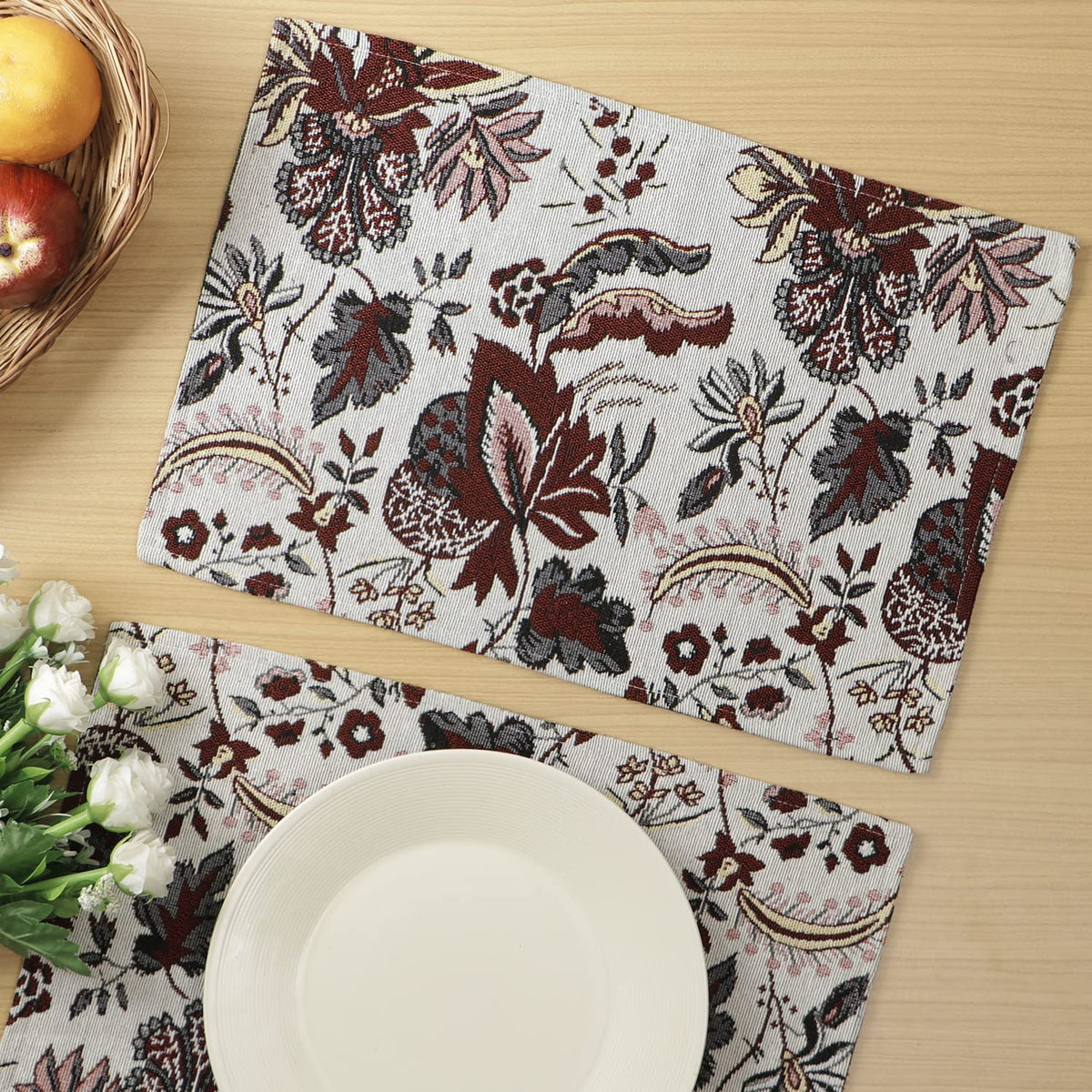 Cotton Jacquard Dining Table Mats, White Spring Flower