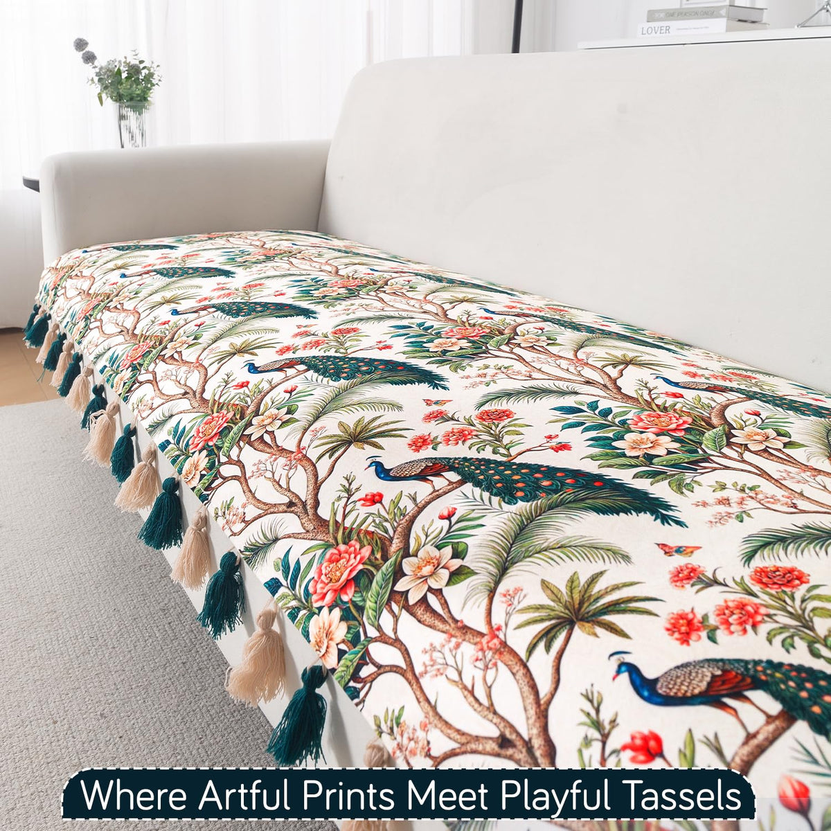 'Whispers of Nature' Series Holland Velvet Sofa Seat Mat with Tassel, Multicolor Tropical Peacock
