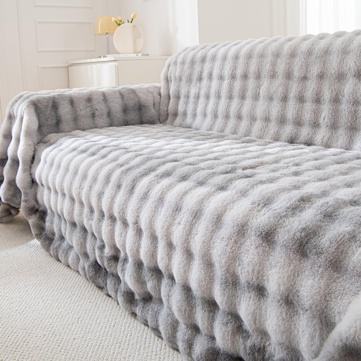 Luxury Gradient Faux Rabbit Wool Sofa Throw Fluffy Sofa Cover, Grey
