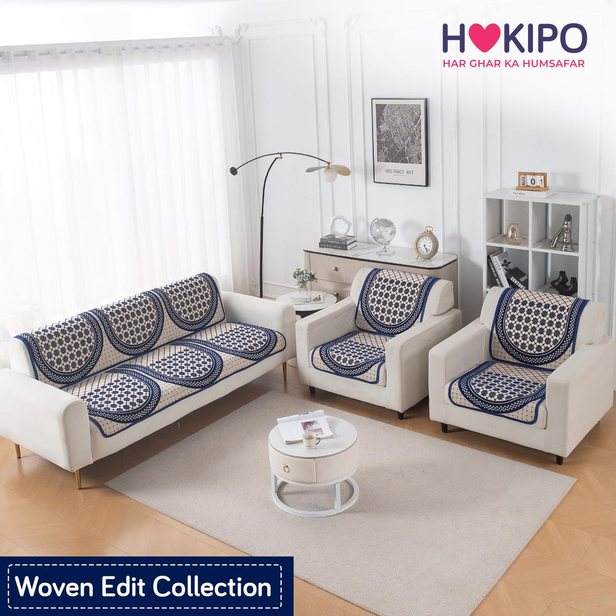 Woven Edit Chenille Jacquard Reversible 5-Seater Sofa Cover (3+1+1), Indigo Heritage