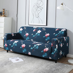 Elastic Stretchable Printed Sofa Cover and Cushion Cover, Blue Mixed Flowers