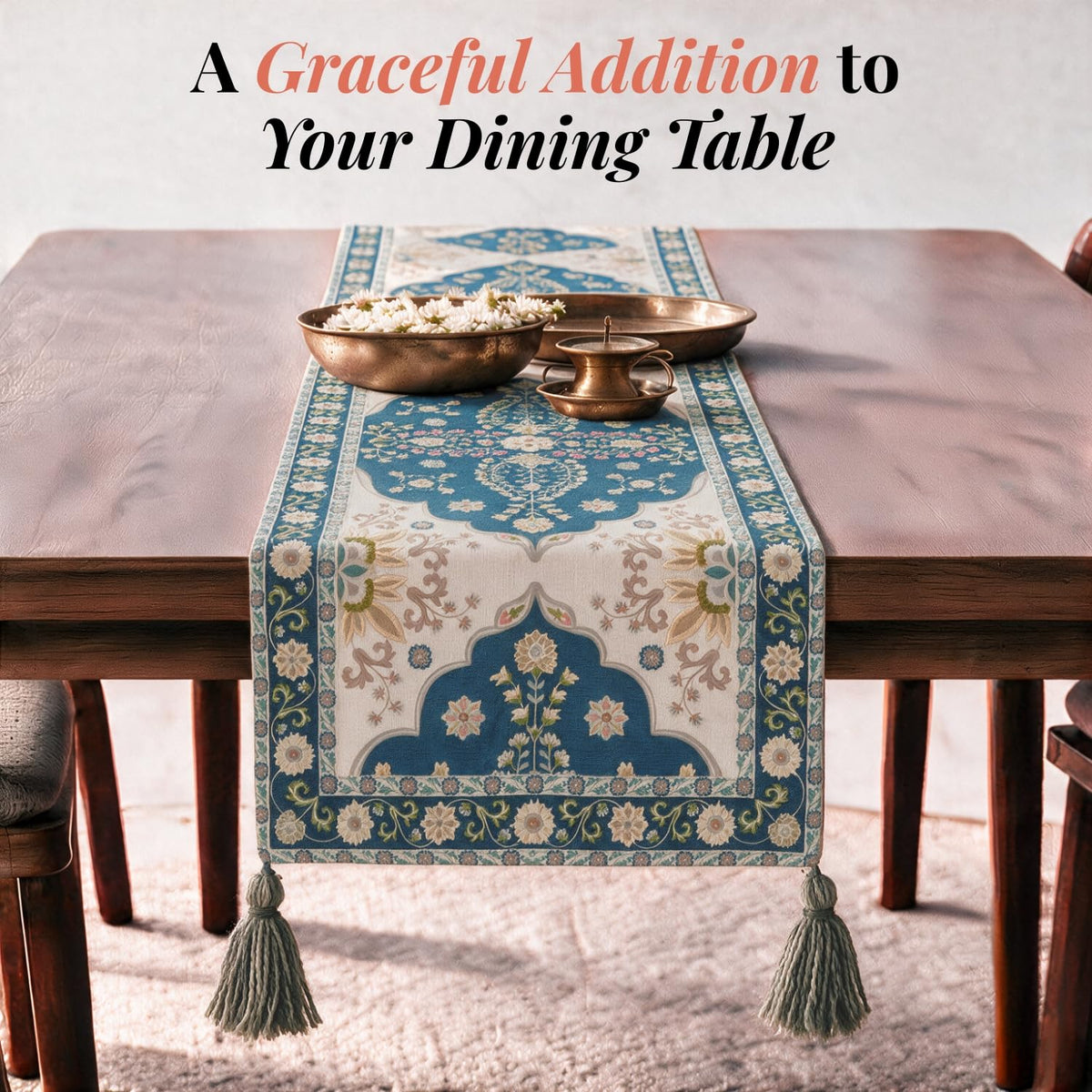 HOKIPO Heritage Pattern Printed & Embroidered Table Runner, Navy Blue - image 2