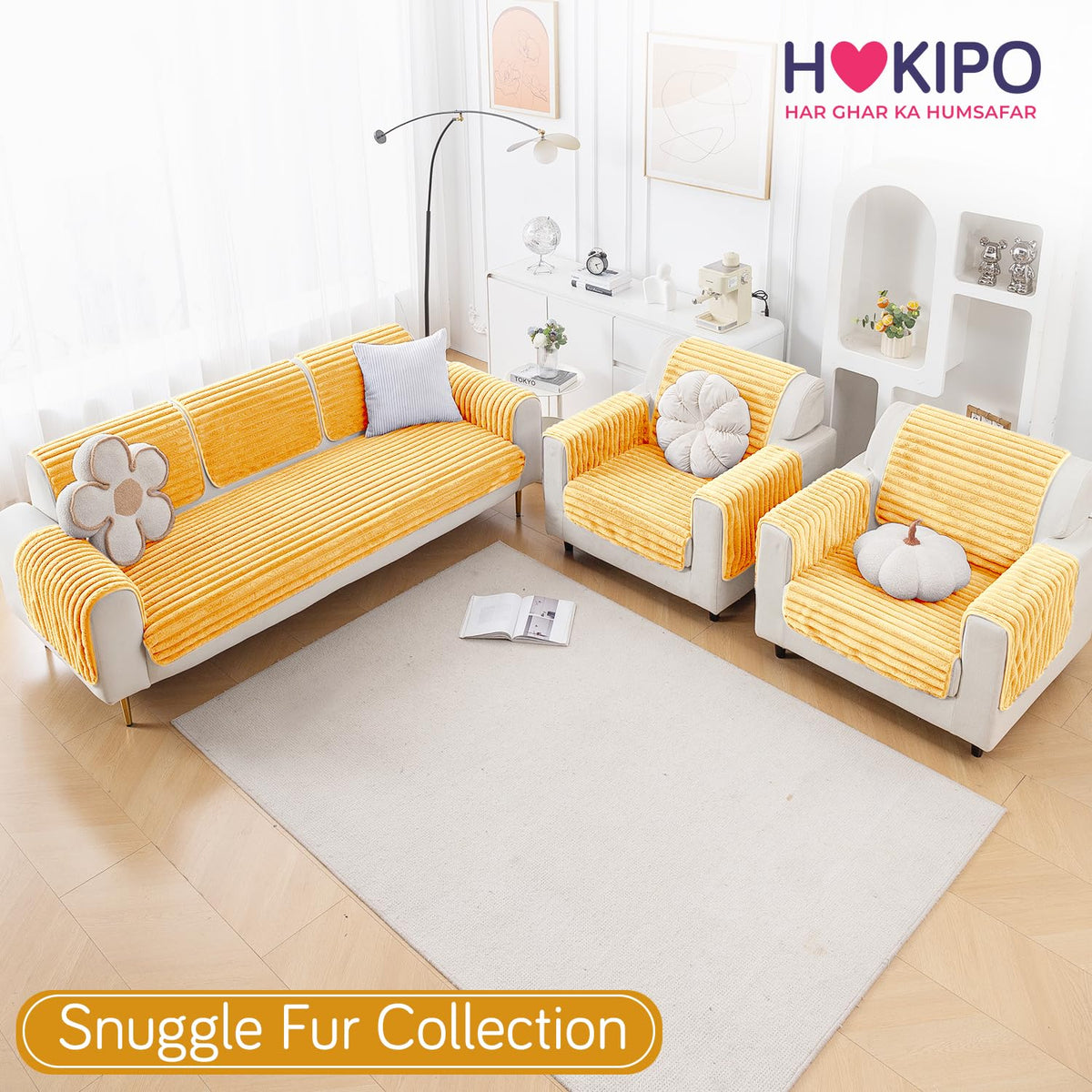 Faux Rabbit Fur Sofa Cover Combination Set, 'Snuggle Fur Series' Mustard Yellow