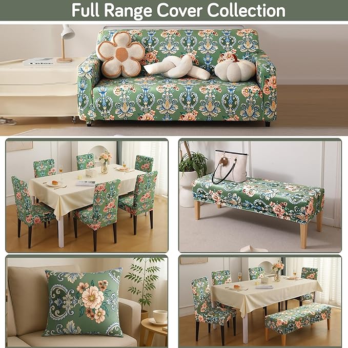 Premium Velvet Cover Set for 4 Dining Chairs + 1 Dining Bench, Green Victorian Garden