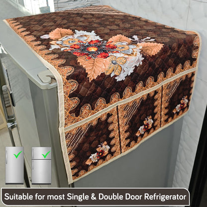 Eternal Floral Printed Quilted Fridge Top Cover with side Pockets - Golden Bloom