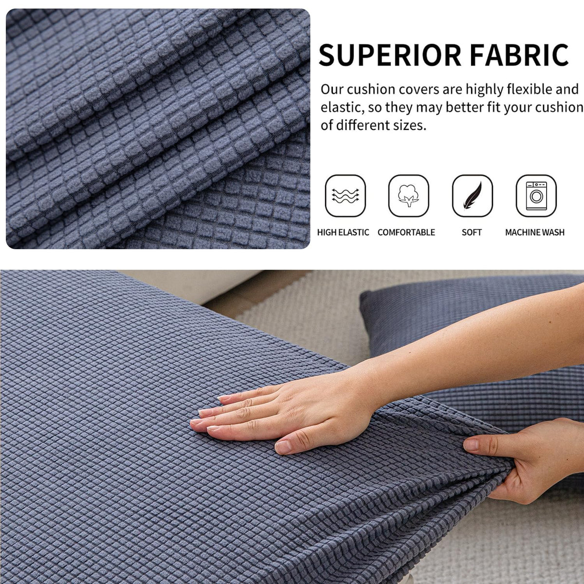 Stretchable Thick Jacquard Textured Seat Cushion Cover for 1/2/3 Seaters / Pieces for Sofa, Dark Grey