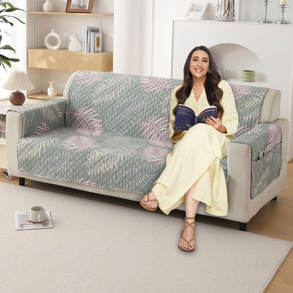 Quilted Printed Polyester Sofa Cover Mat for 1/2/3 Seater Sofa with Side Pockets, Pet Friendly, Tropical Leaves Pastel Green