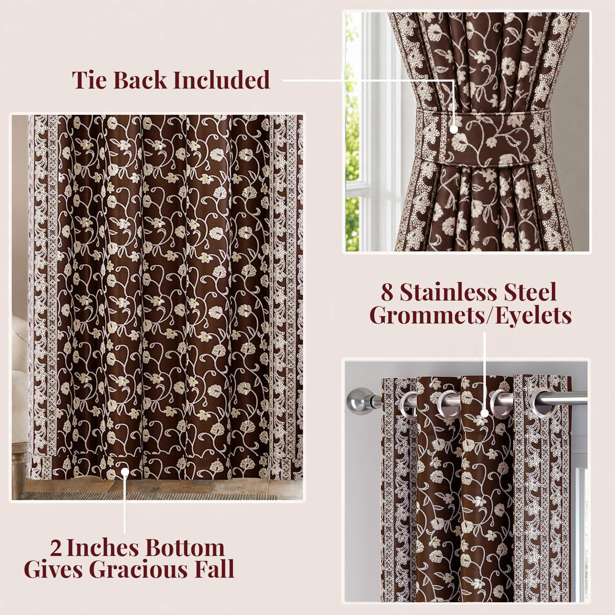 HOKIPO Shahi Bagh Eyelet Curtains, 7 Feet Long - Chocolate Brown - image 4