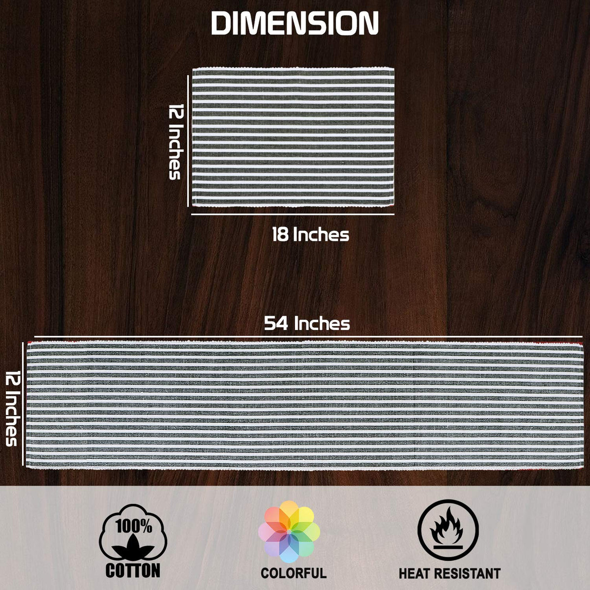 Ribbed Cotton Heat Resistant Dining Table Mat, Grey Striped