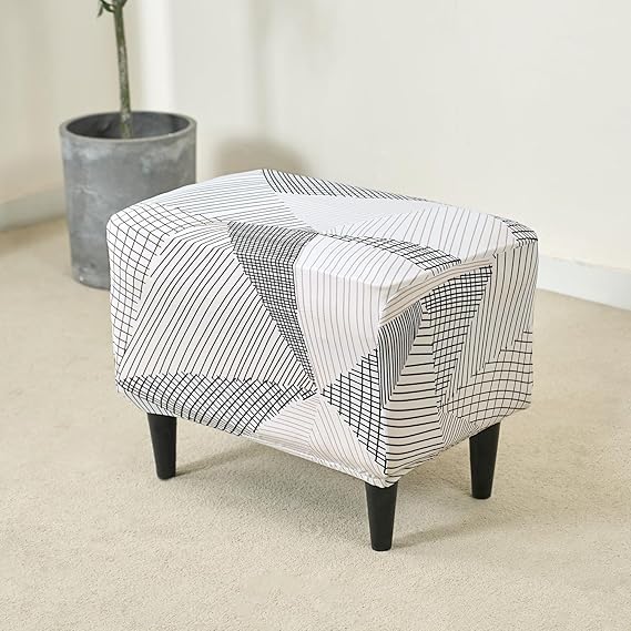 Stretchable 140 GSM Footstool Cover, Snow White Black Geometry