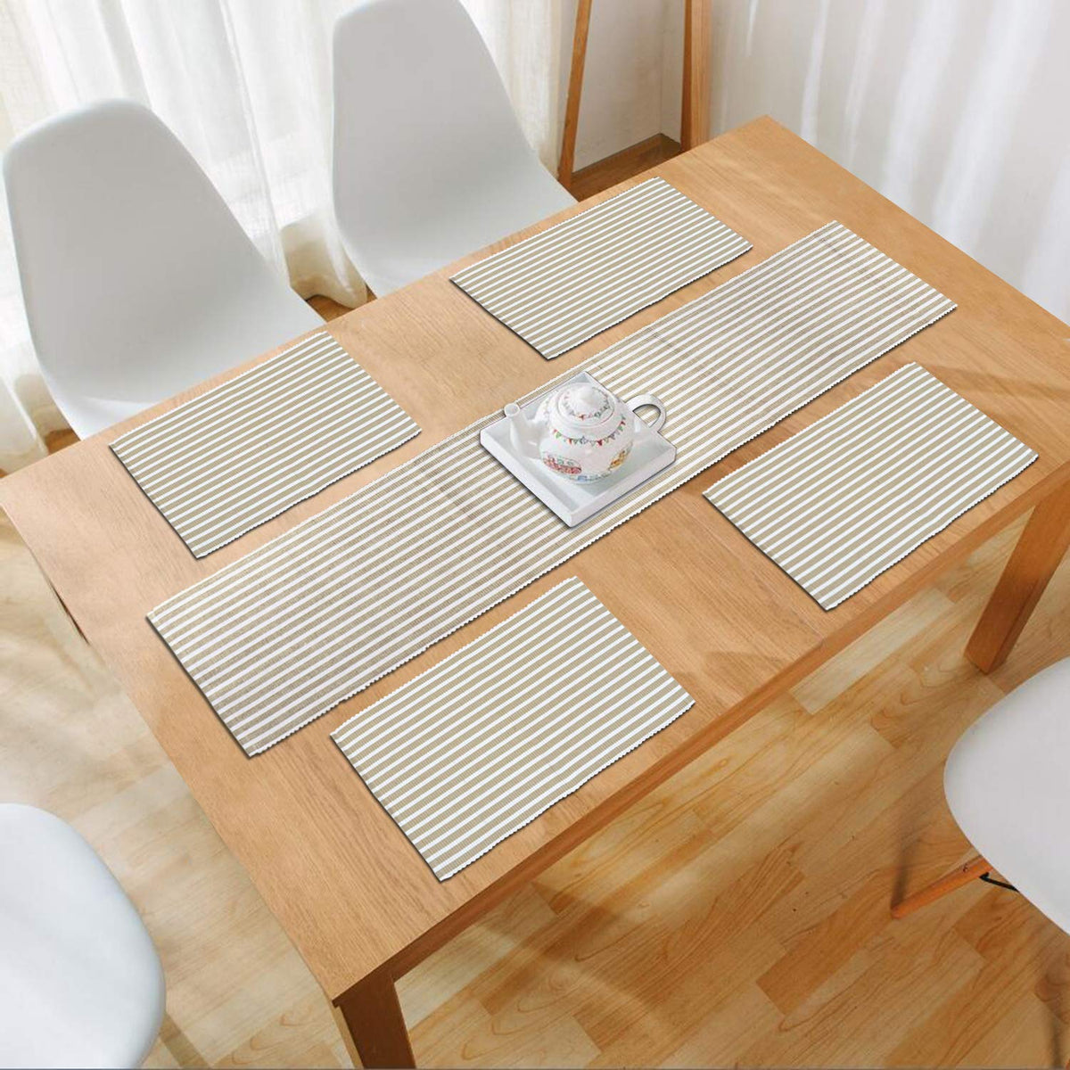 Ribbed Cotton Heat Resistant Dining Table Mat, Brown Striped