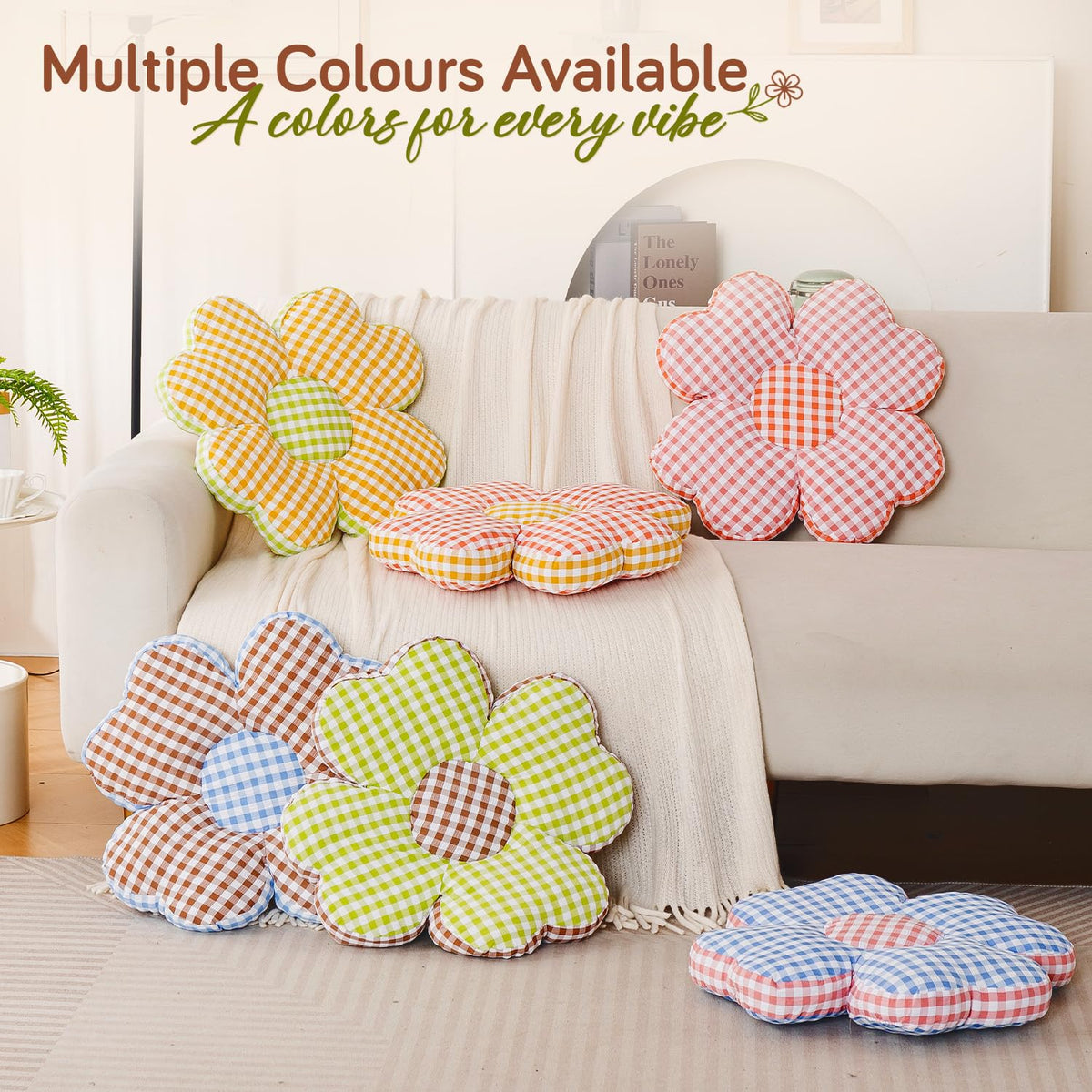 HOKIPO Checkered Daisy Flower Cushion for Sofa & Bed, 49 cm, Green