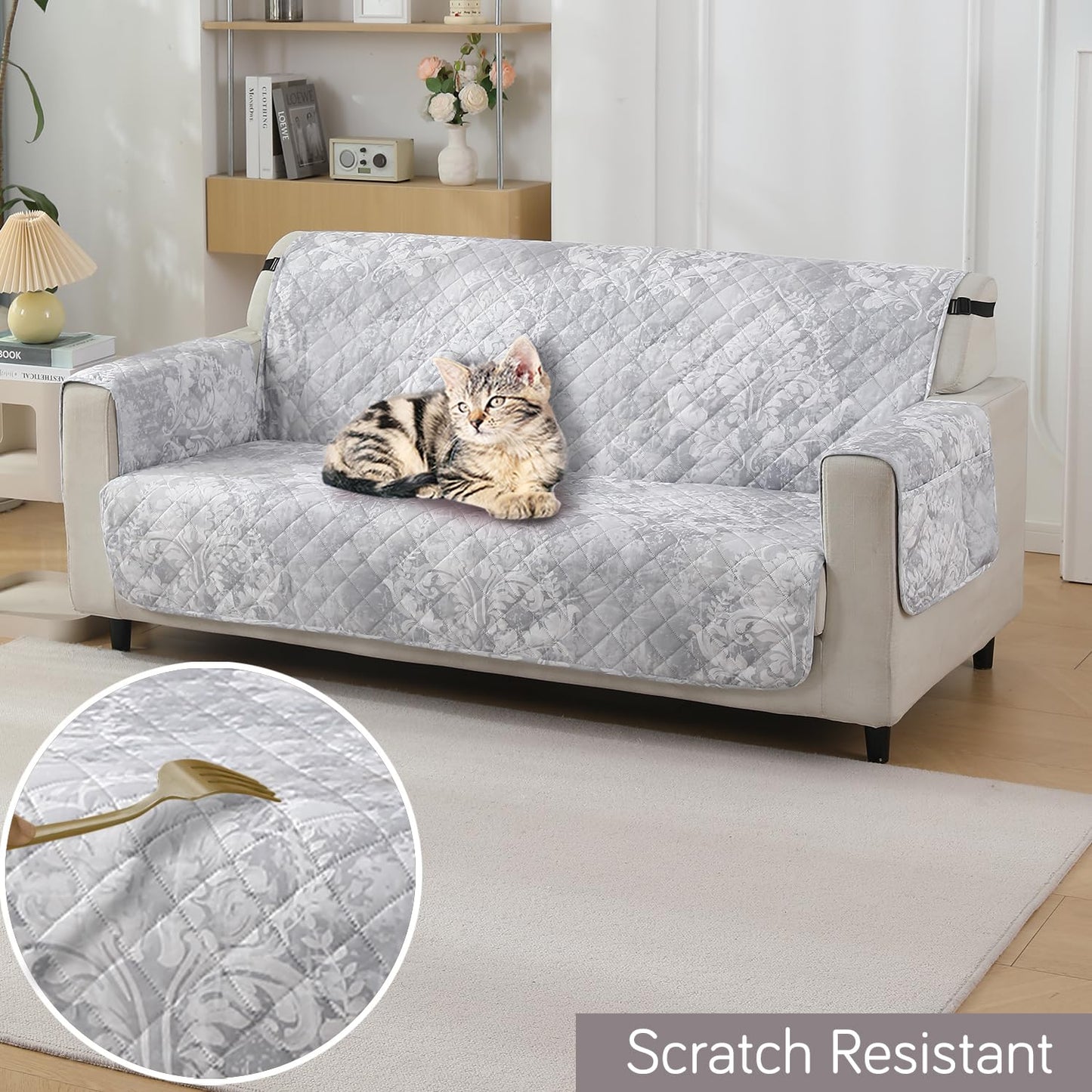 HOKIPO Quilted Waterproof Sofa Cover Mat with Pockets on Armrest Cover - Motifs Cloud Grey